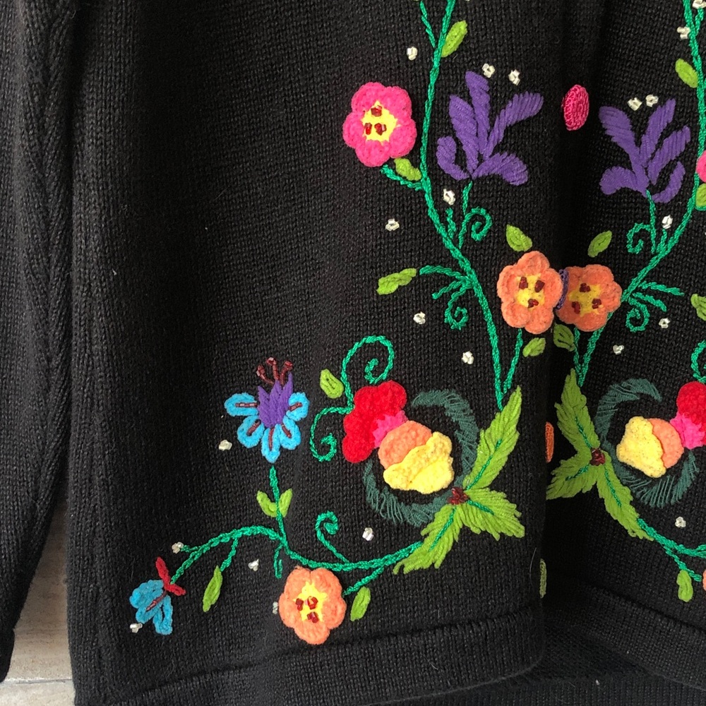 Storybook Knits Black Cardigan with Multicolor floral Embroidery - Picture 3 of 9